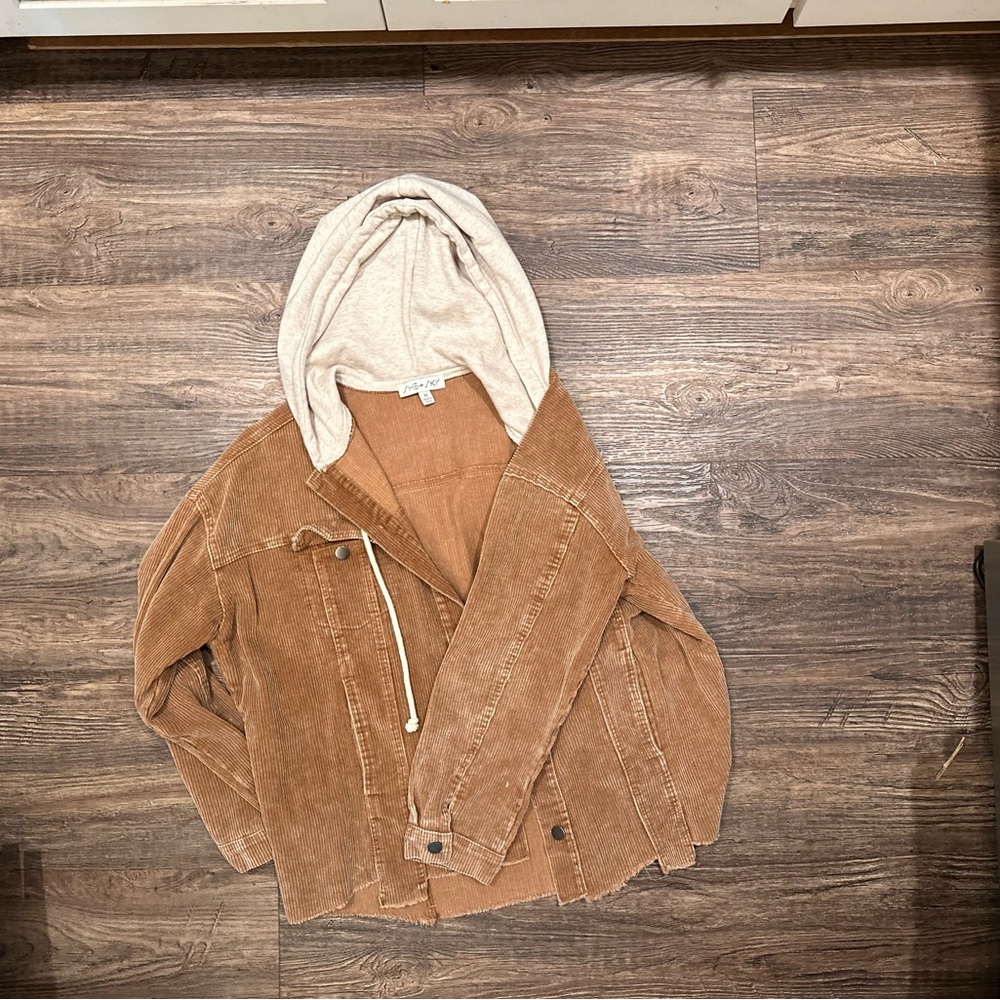 She + Sky Tan Corduroy Jacket with Cream Hood